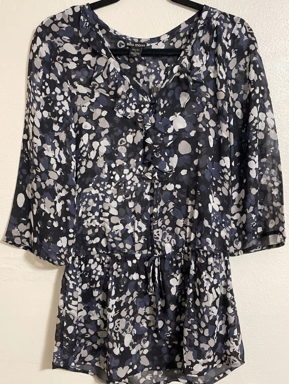 Ella Moss Navy & Black, Grey Abstract Ruffle Tie-Waist Blouse. 100% Silk. Size M